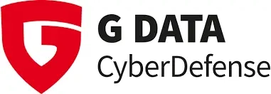 G-Data Logo von G DATA CyberDefense mit stilisiertem roten Schild und schwarzem Text.