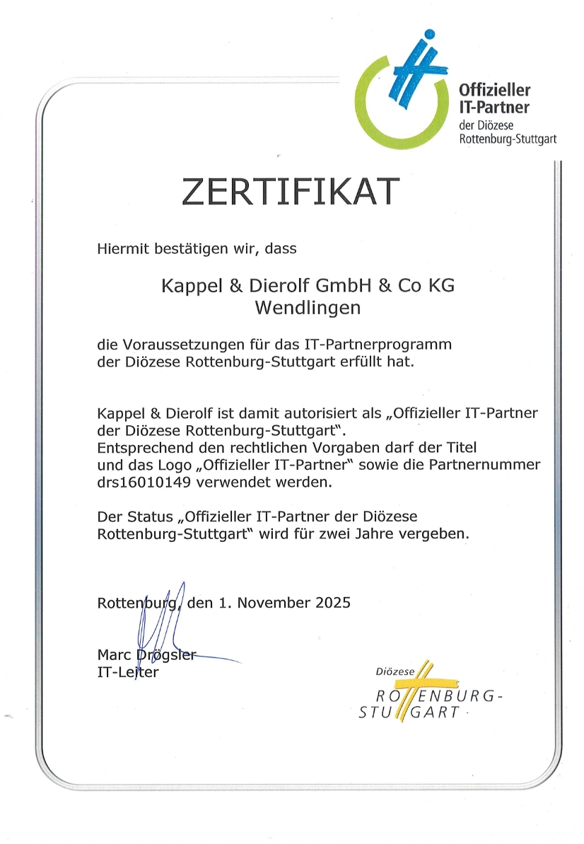 Zertifikat der Diözese Rottenburg-Stuttgart für Kappel & Dierolf GmbH als offizieller IT-Partner, gültig bis November 2025.