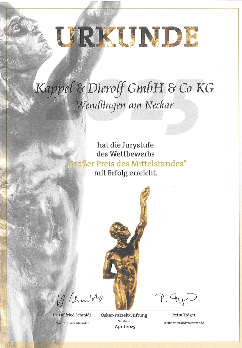 Urkunde der Kappel & Dierolf GmbH für den Wettbewerb Großer Preis des Mittelstandes, April 2025, mit Erfolgsnachweis.