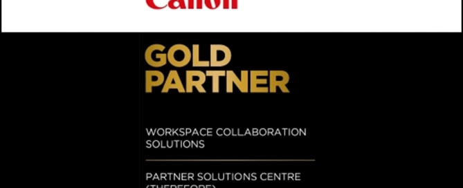 Canon-Logo mit Text 'Gold Partner' für Workspace Collaboration Solutions und Partner Solutions Centre (Therefore).