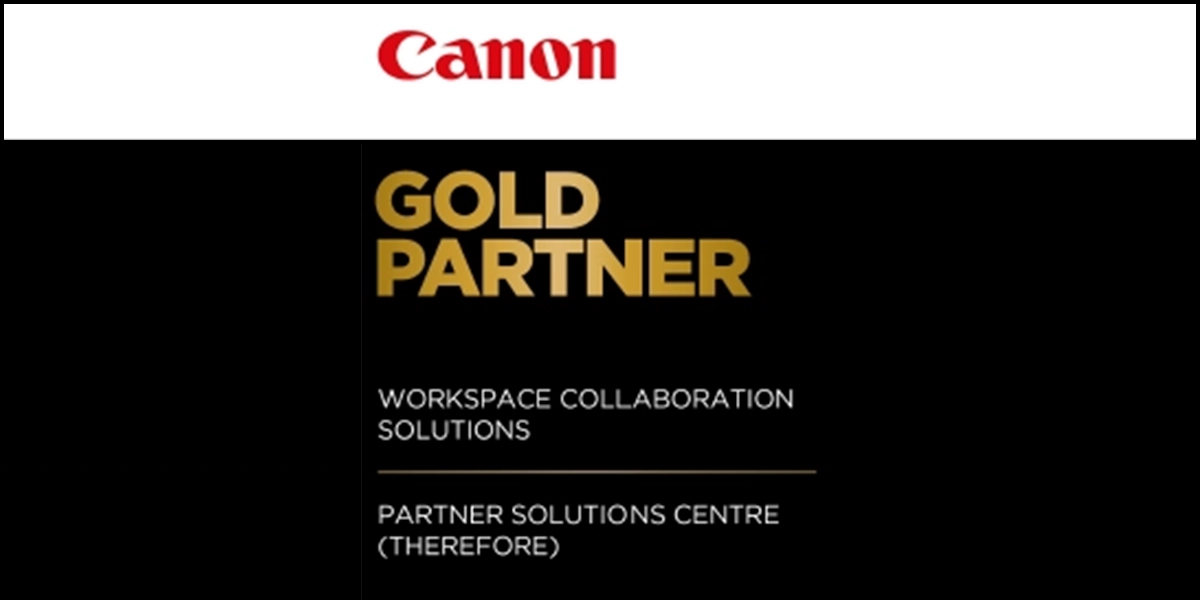 Canon-Logo mit Text 'Gold Partner' für Workspace Collaboration Solutions und Partner Solutions Centre (Therefore).