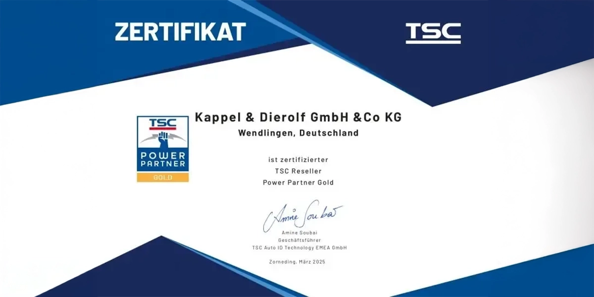 Zertifikat für Kappel & Dierolf GmbH & Co KG als TSC Power Partner Gold, unterzeichnet von Amine Soufai, März 2025.