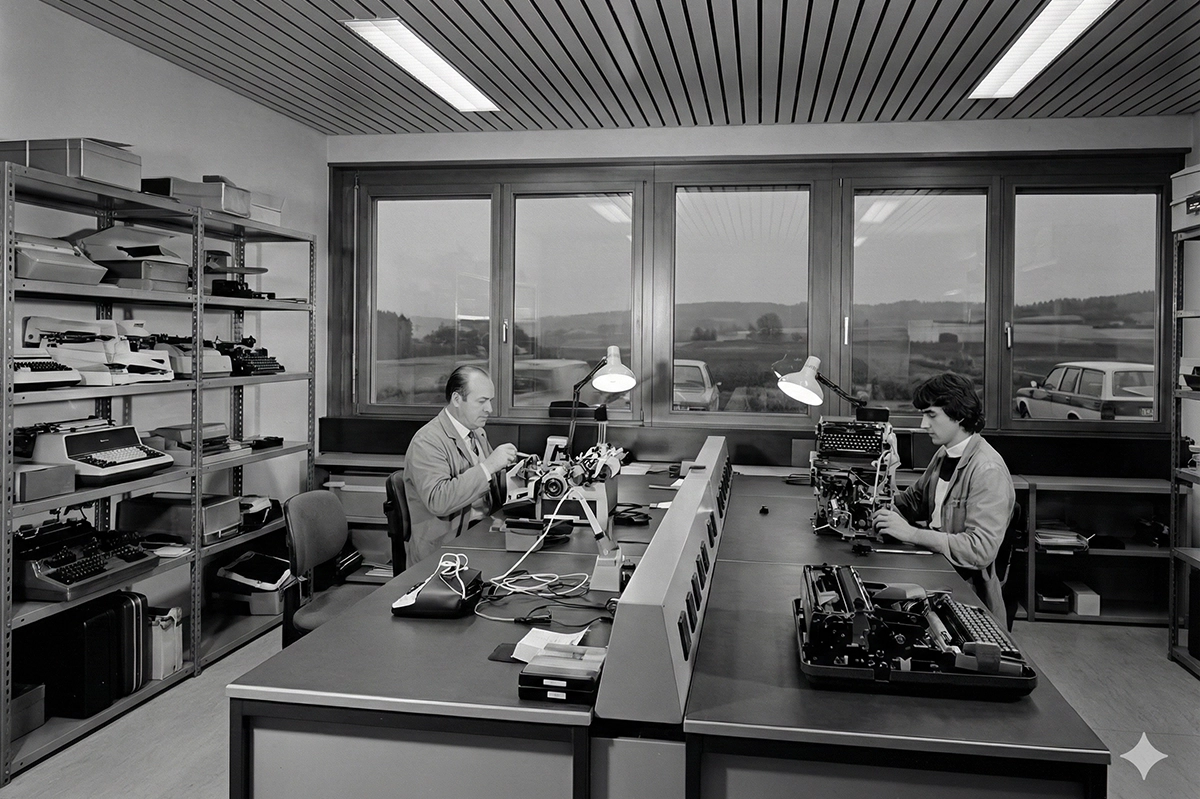 Zwei Männer reparieren Schreibmaschinen in einem Büro mit Regalen voller Schreibmaschinen. Fenster im Hintergrund.