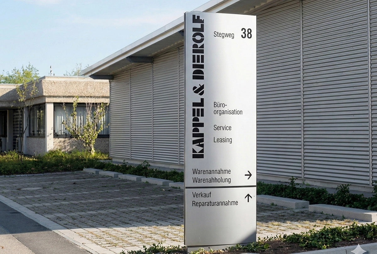Schild vor Bürogebäude zeigt Kappel & Deirolf, Adresse Stegweg 38, mit Hinweisen zu Büroorganisation, Service, Warenannahme.