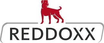 Reddoxx2 Logo der Firma REDDOXX mit einem roten Hund auf einem grauen Rechteck.