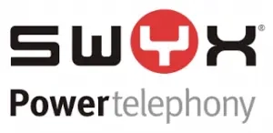 swyx4-300×146 Logo von Swyx mit schwarzer Schrift und rotem Symbol, darunter der Slogan Power telephony auf weißem Hintergrund.