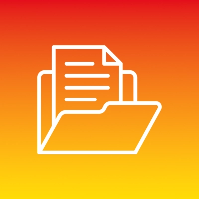 Weiße Linienzeichnung eines Ordners mit Dokument auf rotem und gelbem Farbverlaufshintergrund.