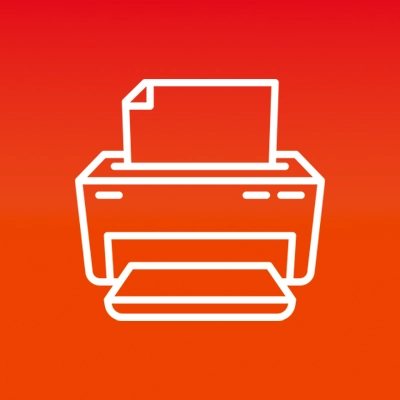 Icon eines Druckers mit Papier, stilisiert in Weiß auf rotem Verlaufshintergrund.