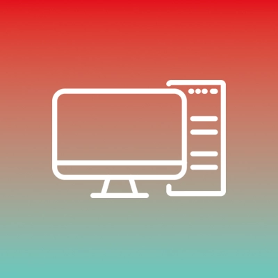 Computersymbol auf rot-türkisfarbenem Farbverlaufshintergrund. Rechteckiger Bildschirm mit Tower daneben.