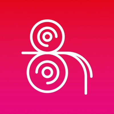 Ein weißes, minimalistisches Icon auf rotem Hintergrund zeigt zwei Rollen mit einer herabhängenden Linie.