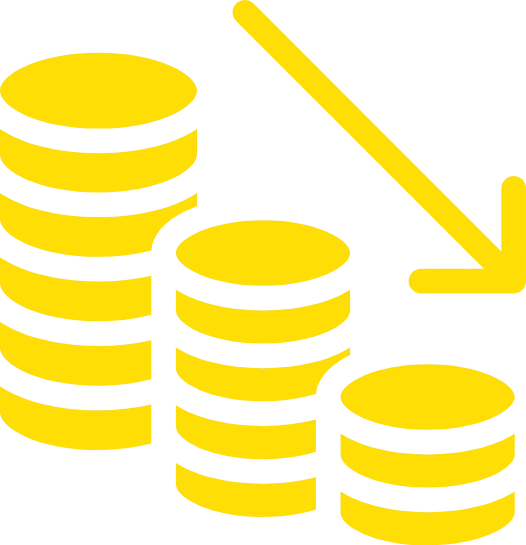 imgi_2_Einsparpotenzial Stapeln von gelben Münzen, die von links nach rechts abnehmen, mit einem abwärts gerichteten Pfeil.