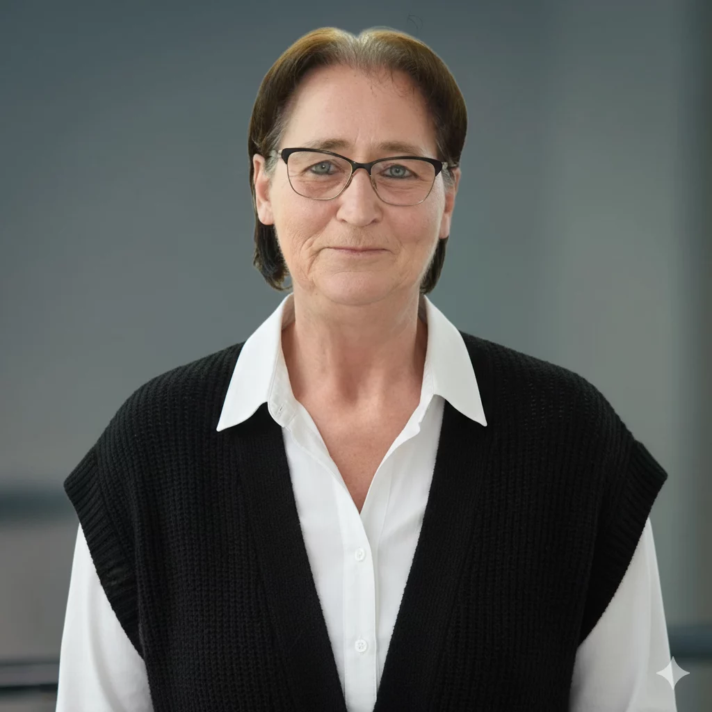 Eine Person mit Brille in weißem Hemd und schwarzem Pullunder vor grauem Hintergrund.