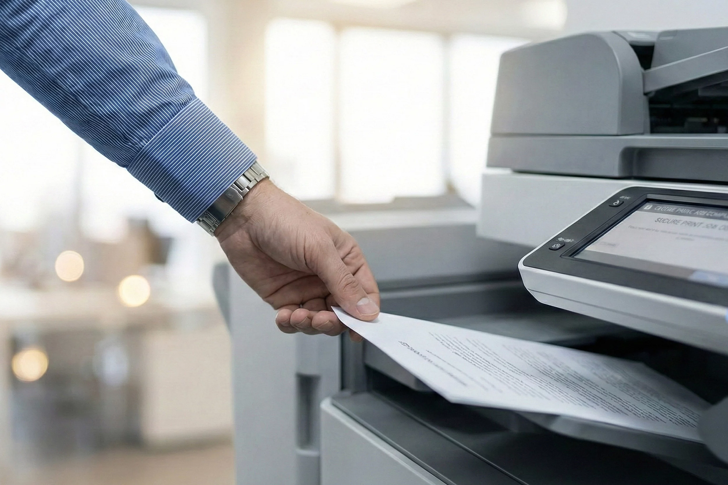 Zwei Männer betrachten zusammen einen Kopierer in einem Büro, diskutieren und zeigen auf das Gerät.