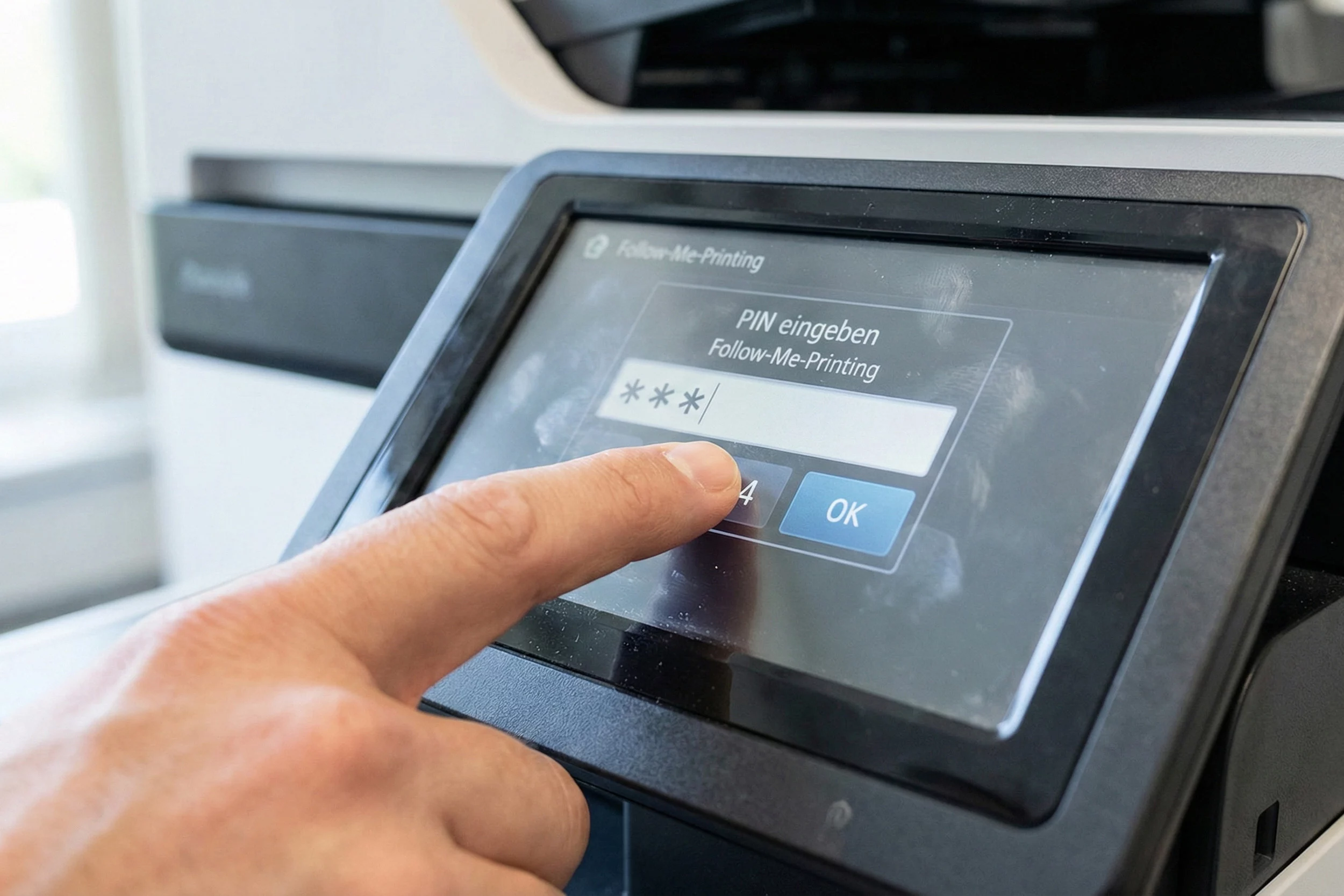 Finger tippt PIN-Nummer auf Drucker-Touchscreen ein, Funktion Follow-Me-Printing angezeigt.