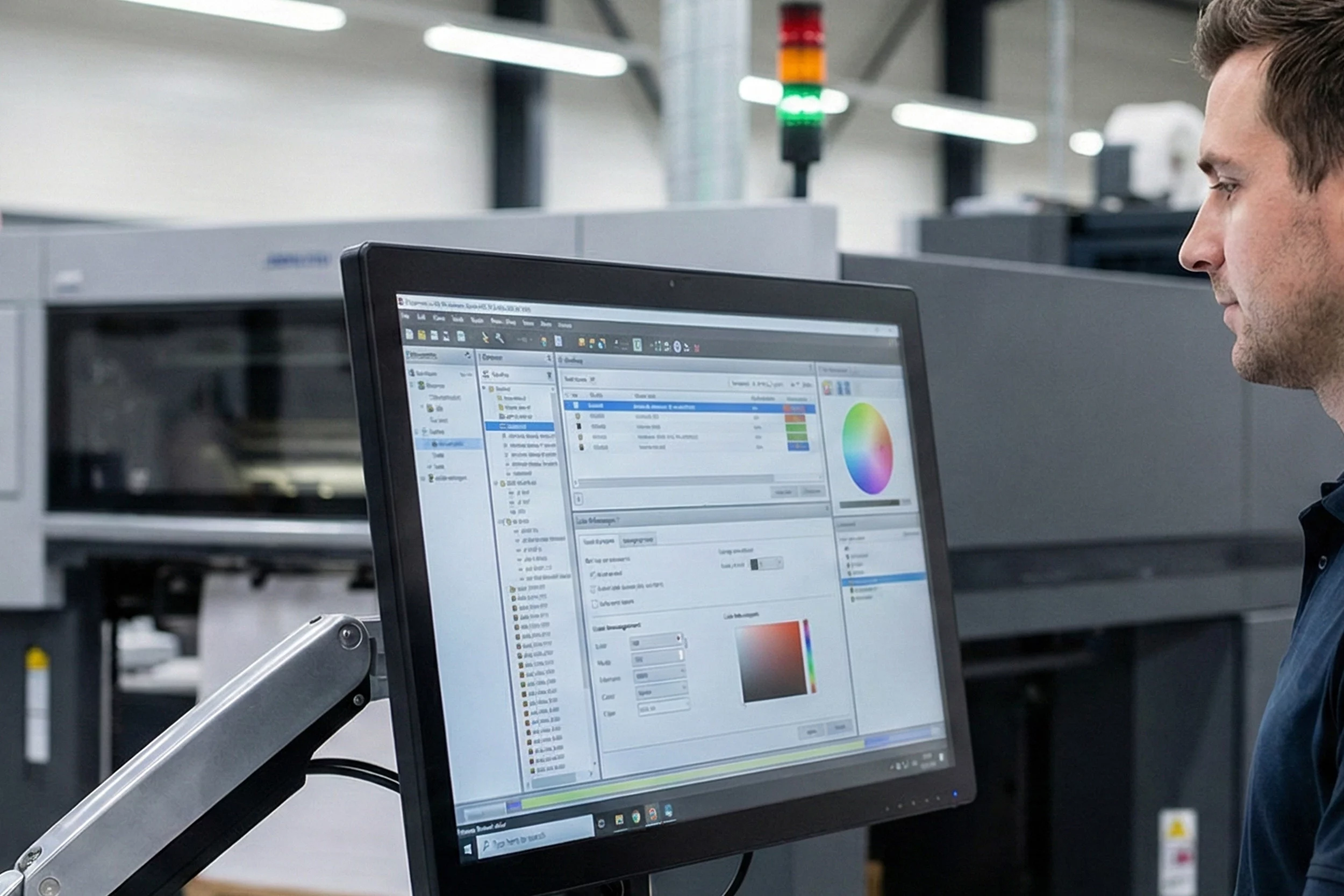 Ein Mann sitzt lächelnd am Schreibtisch und arbeitet an einem Computer. Im Vordergrund sind Pflanzen zu sehen.