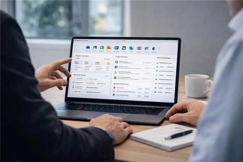 Zwei Personen sitzen an einem Tisch und schauen auf einen Laptop-Bildschirm mit Projektübersicht und Meeting-Informationen.