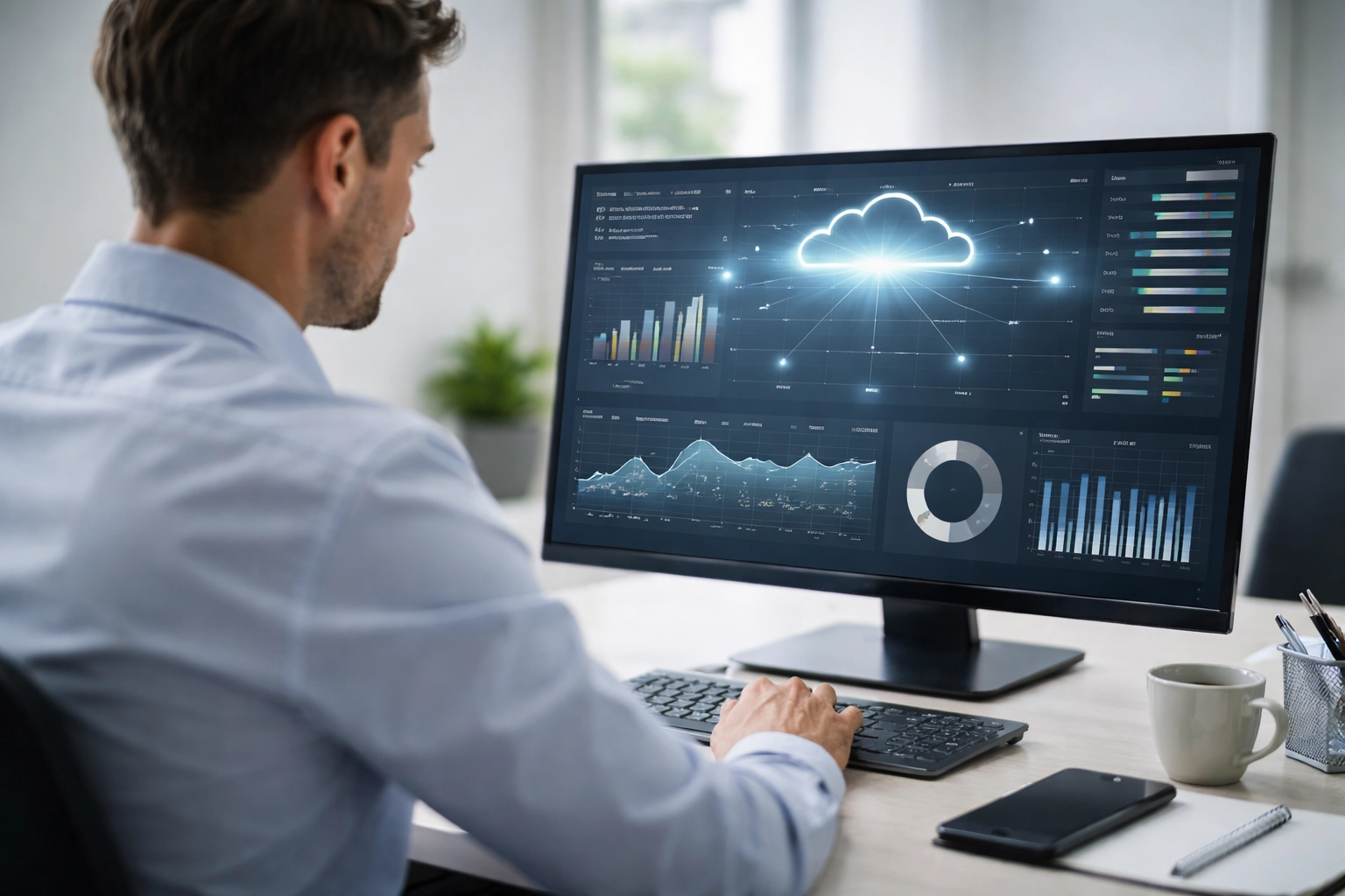 Mann sitzt am Schreibtisch vor einem Monitor, der Datenanalysen und Cloud-Symbole anzeigt. Tasse und Smartphone liegen daneben.