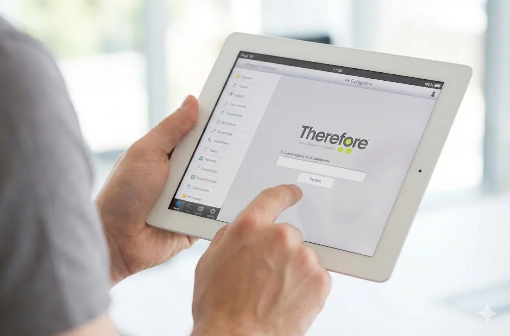 Hand mit einem Finger auf einem Tablet, das eine App zur Dokumentenverwaltung mit der Überschrift „Therefore“ zeigt.
