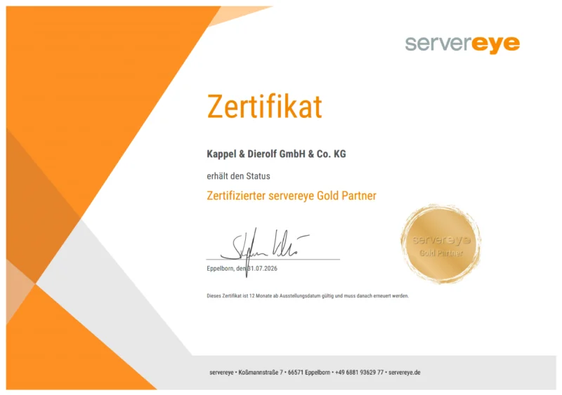 Zertifikat für Kappel & Dierolf GmbH & Co. KG als zertifizierter servereye Gold Partner, gültig bis 01.07.2026.
