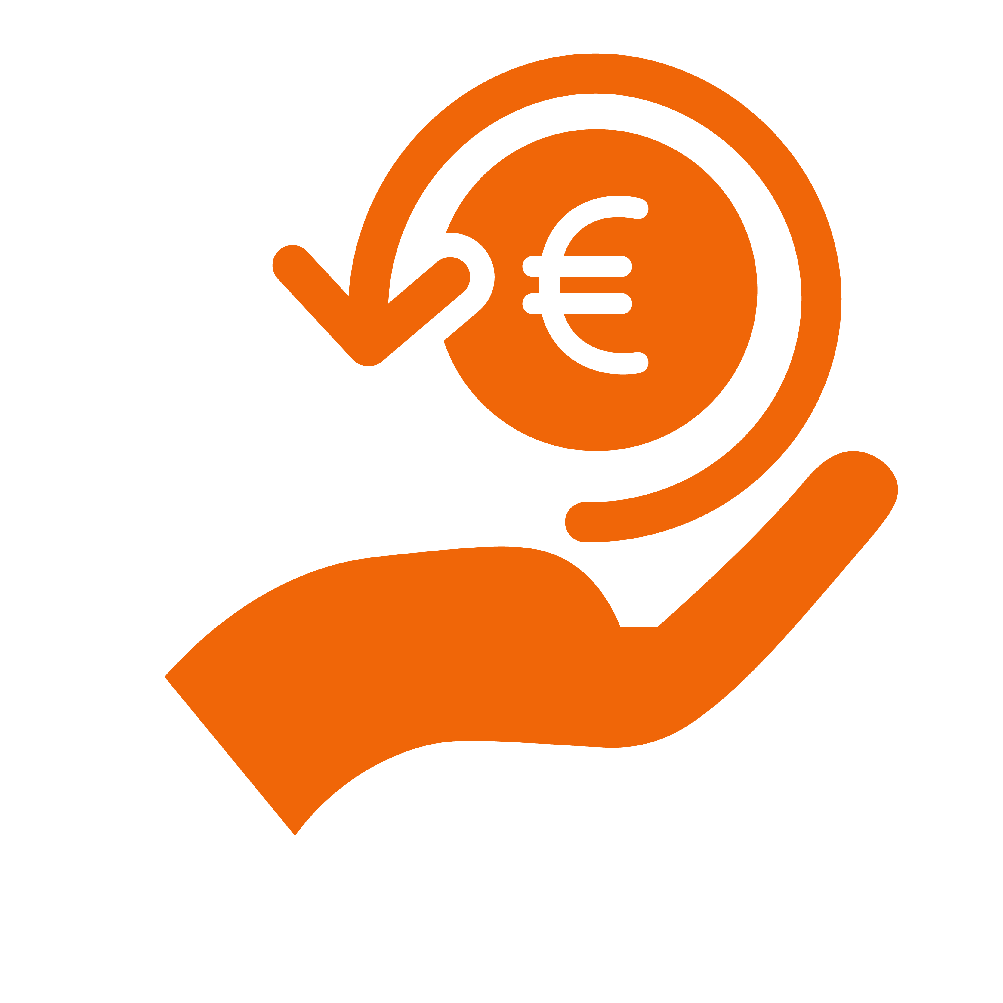 Hand mit Pfeil und Euro-Symbol, symbolisiert Rückzahlung oder finanziellen Rückfluss.